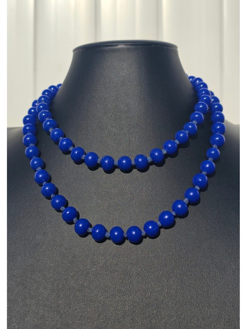 VTG Sapphire/Cobalt Blue Chalcedony Gemstone Necklace, 35.5" Hand Knotted 112g
